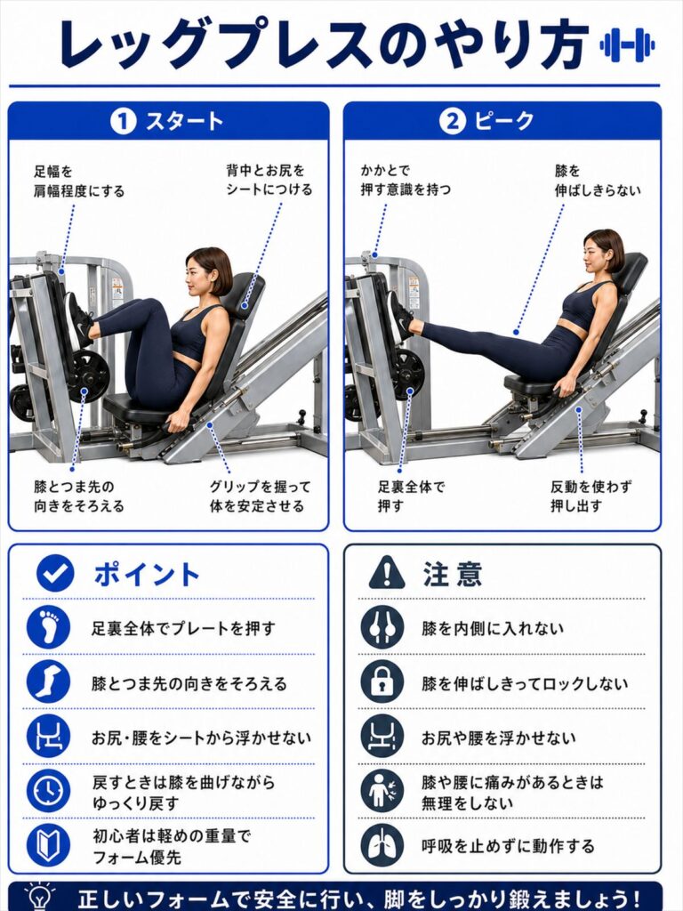 レッグプレスマシンの正しいやり方を、足幅や膝の向き、押し出す動作のポイント付きで解説した初心者向け画像