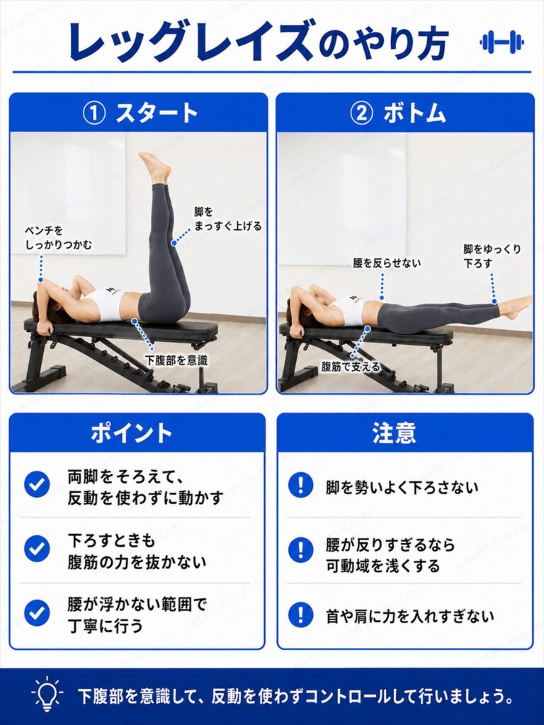 レッグレイズのやり方を解説するインフォグラフィック。仰向けで両脚を上げ下げする動作とフォームのポイントを図解
