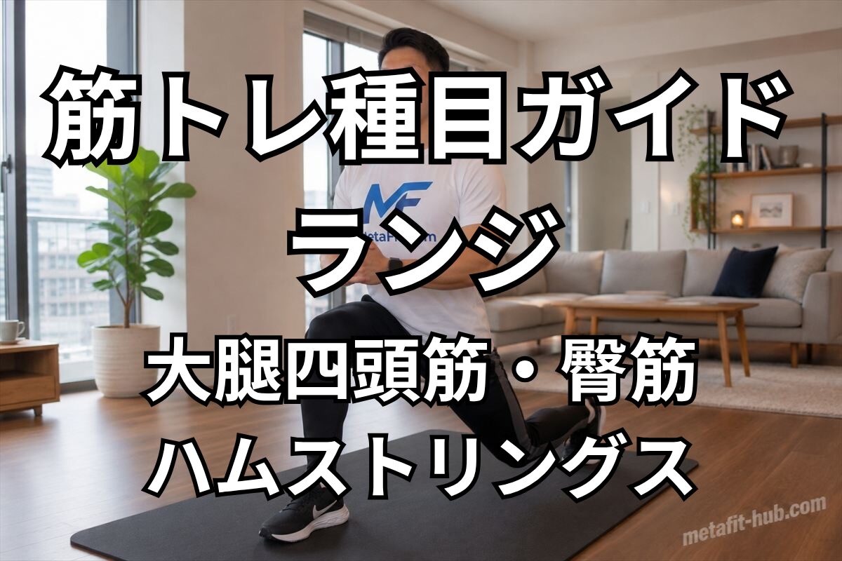 筋トレ種目ガイド「ランジ」の見出し画像。大腿四頭筋・臀筋・ハムストリングスを鍛える自宅トレーニングのイメージ