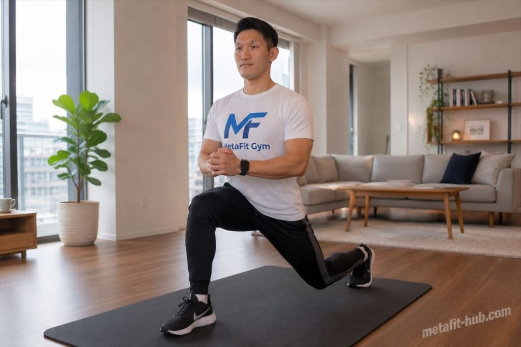 自宅リビングでランジを行う男性モデル。大腿四頭筋・臀筋・ハムストリングスを鍛える筋トレ種目のフォームイメージ