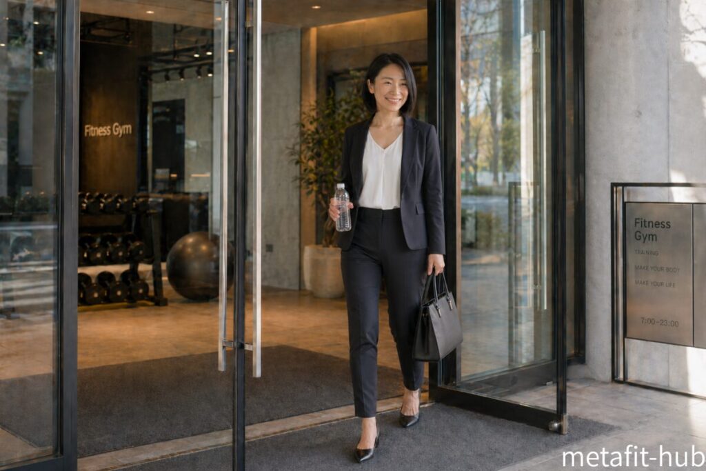 カジュアルな服装でジムの入口に立つ女性の入館イメージ