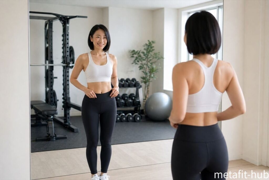 自宅で鏡を見ながらトレーニングウェア姿を確認する女性のフィットネスシーン