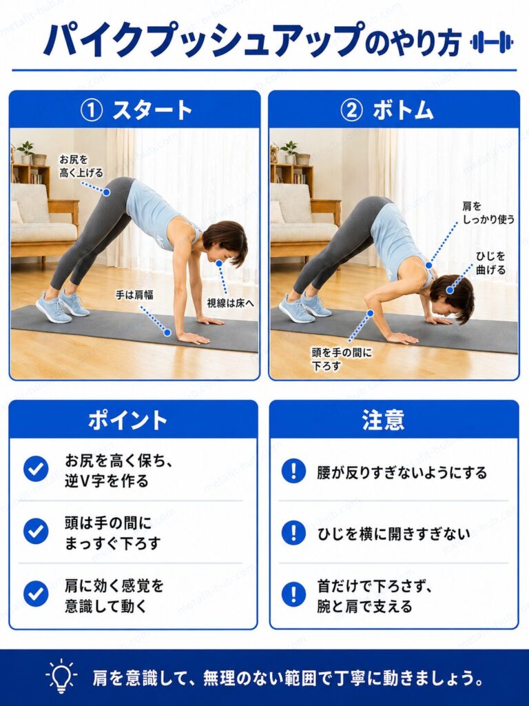 パイクプッシュアップのやり方を解説するインフォグラフィック。お尻を高く上げた姿勢から頭を下ろす動作とフォームのポイントを図解