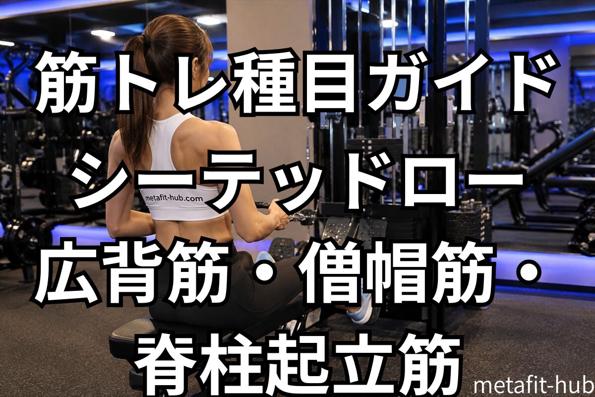 フィットネスジムでシーテッドロウを行う女性、アイキャッチ