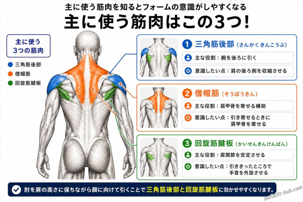 フェイスプルで鍛えられる肩の筋肉図。三角筋後部・僧帽筋をメインに回旋筋腱板も使われる