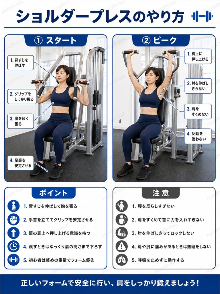 ショルダープレスマシンの正しいやり方を、スタート姿勢と押し上げ動作に分けて解説した初心者向け画像