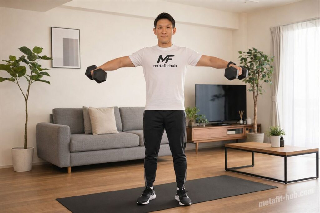 自宅のトレーニングマットでダンベルサイドレイズを行う男性モデルの肩トレーニング風景