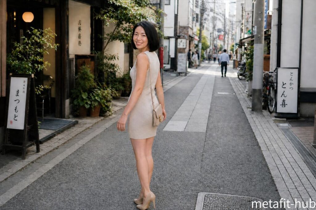 日本の街並みを歩きながら振り向いて微笑む、上品でスリムな女性モデルのイメージ