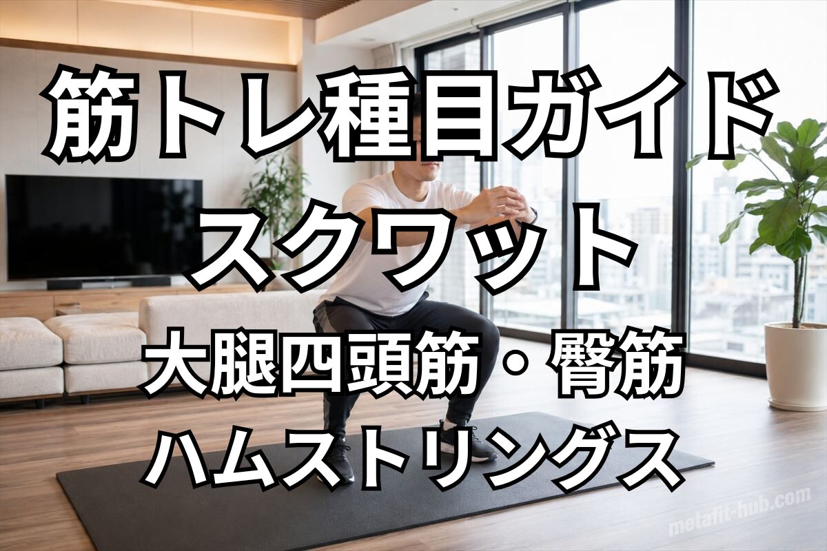 筋トレ種目ガイド「スクワット」の見出し画像。大腿四頭筋・臀筋・ハムストリングスを鍛える自宅トレーニングのイメージ