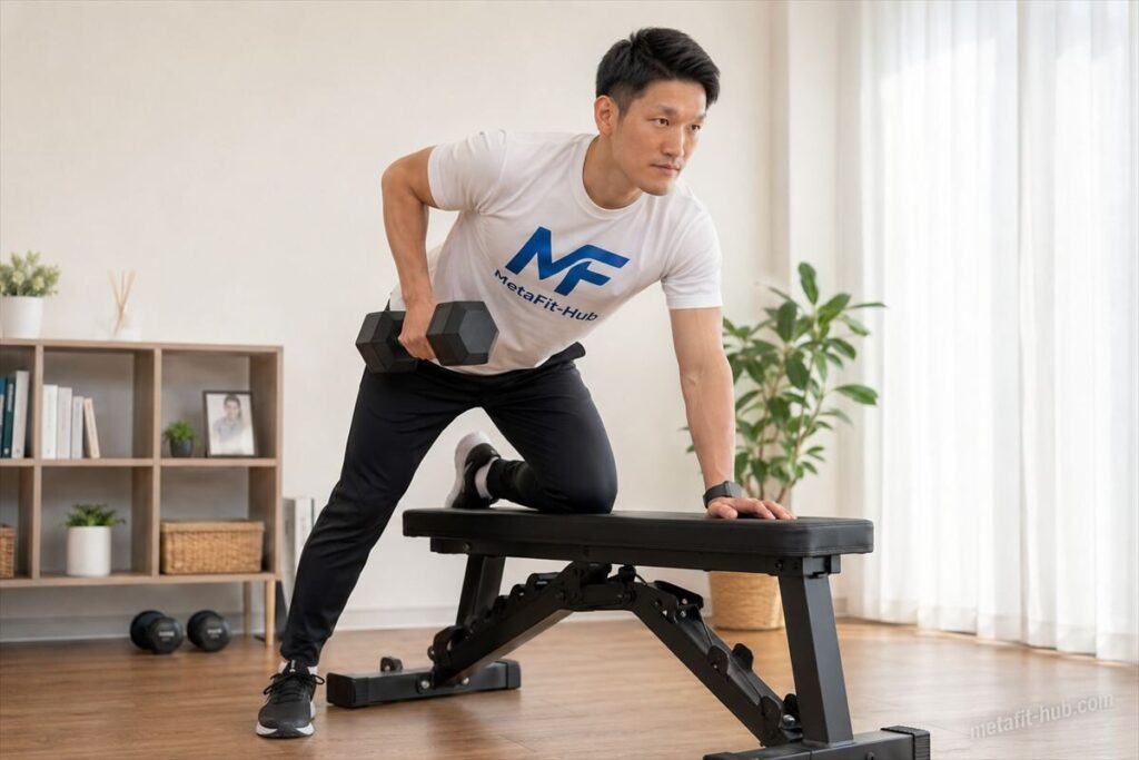 自宅でトレーニングベンチを使ってダンベルトレーニングをしている男性