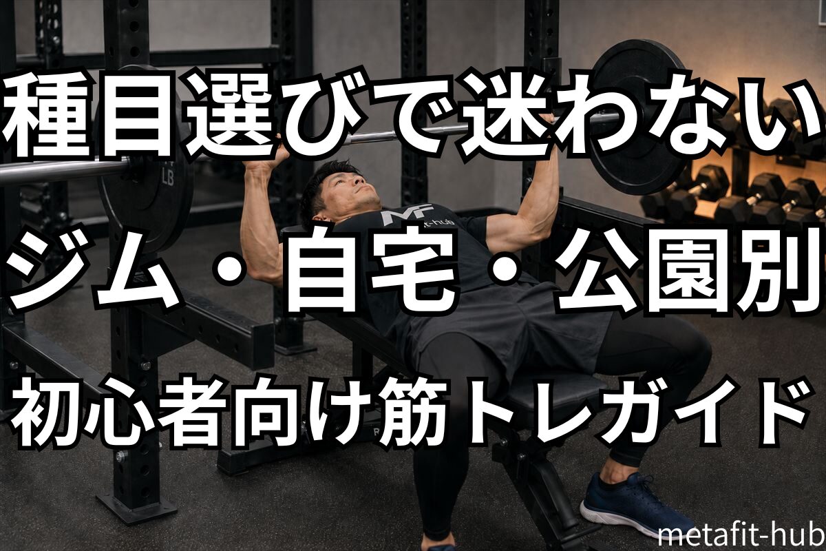 ベンチプレスを行う男性。筋トレ種目一覧ガイドのアイキャッチ画像