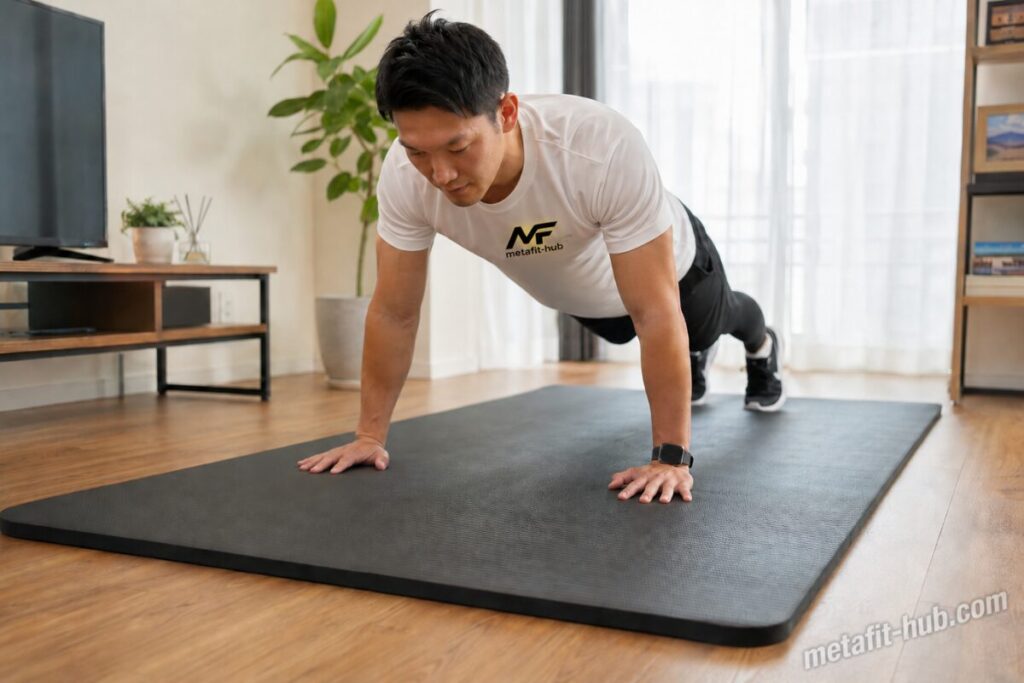 自宅のリビングでトレーニングマットを使ってプランクをしている男性