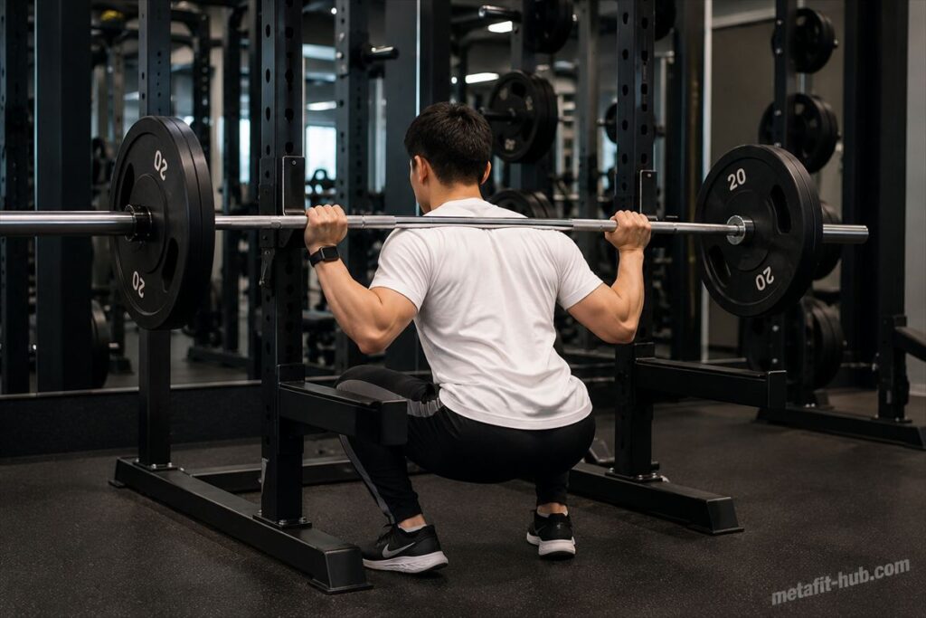 バーベルスクワットをするトレーニーの後ろ姿。筋トレ迷子を卒業して自分に合う道がわかる筋トレロードマップ。