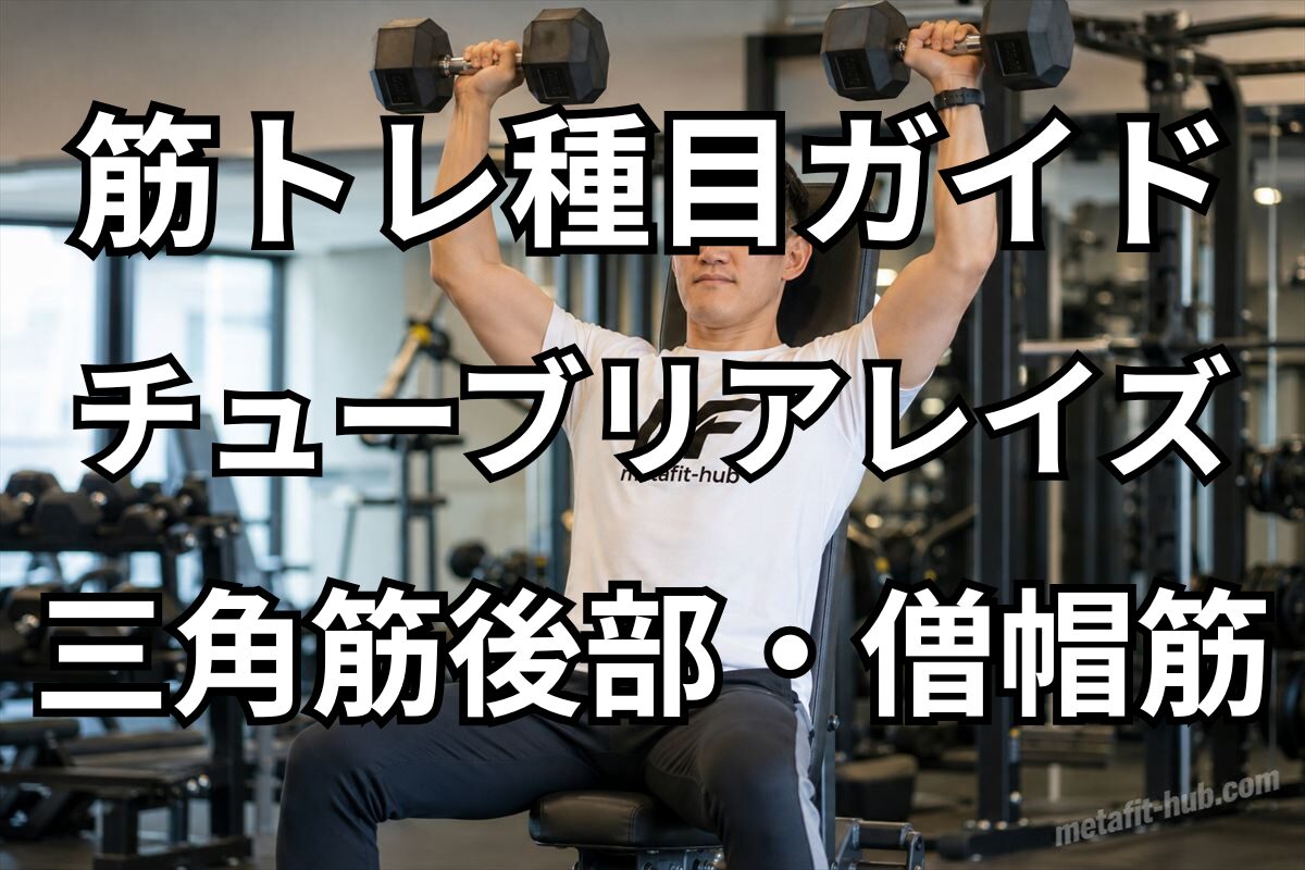 筋トレ種目ガイドとしてチューブリアレイズで鍛えられる三角筋後部と僧帽筋を紹介するアイキャッチ画像