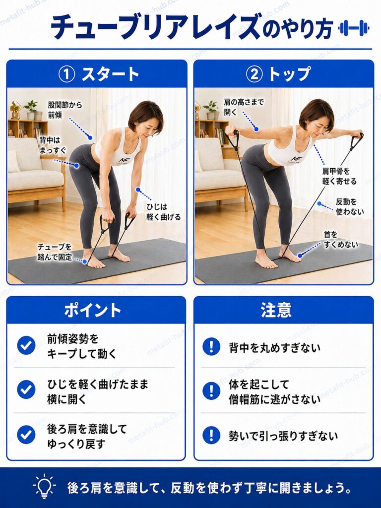 チューブリアレイズのやり方を解説するインフォグラフィック。チューブを使って腕を後ろに開く動作とフォームのポイントを図解