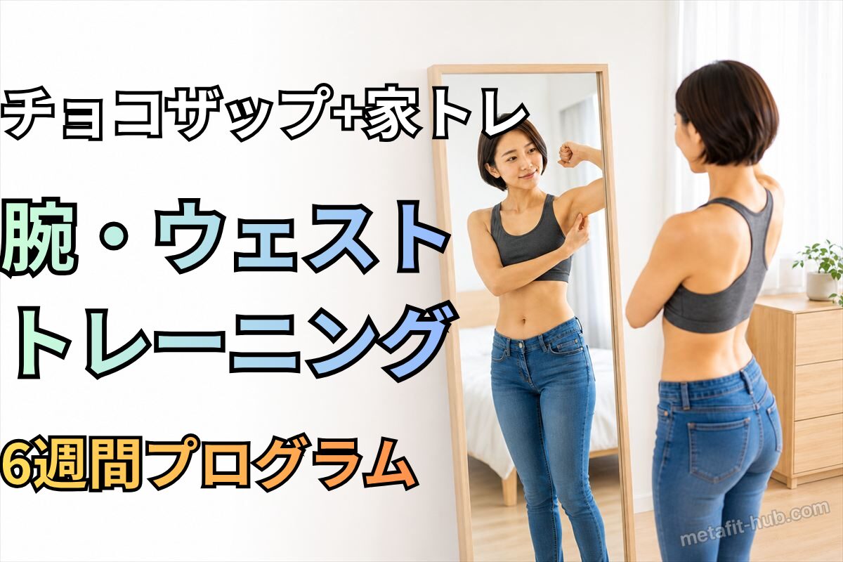 鏡の前でスポーツブラ姿の女性が腕とウエストのラインを確認している、チョコザップと家トレで腕とウエストを鍛える6週間プログラムの画像