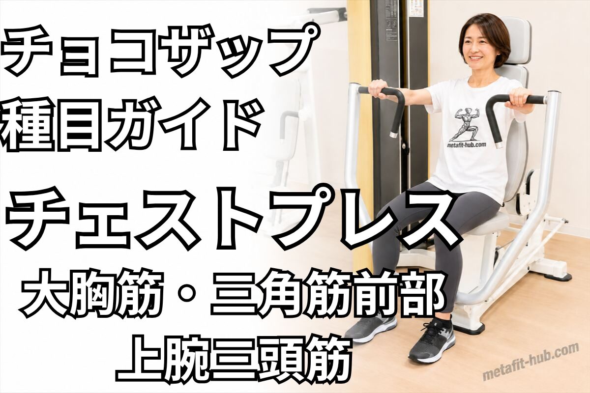 チョコザップ種目ガイドとしてチェストプレスで鍛えられる大胸筋・三角筋前部・上腕三頭筋を紹介するアイキャッチ画像