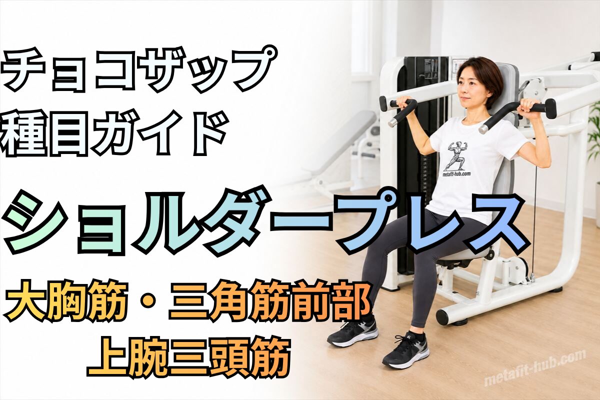 チョコザップ種目ガイドとしてショルダープレスで鍛えられる三角筋・上腕三頭筋を紹介するアイキャッチ画像