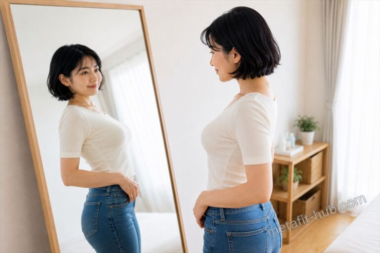 鏡の前で白トップスとデニムを着た女性が横向きに立ち、ヒップラインやボディラインの変化を確認しているH1画像