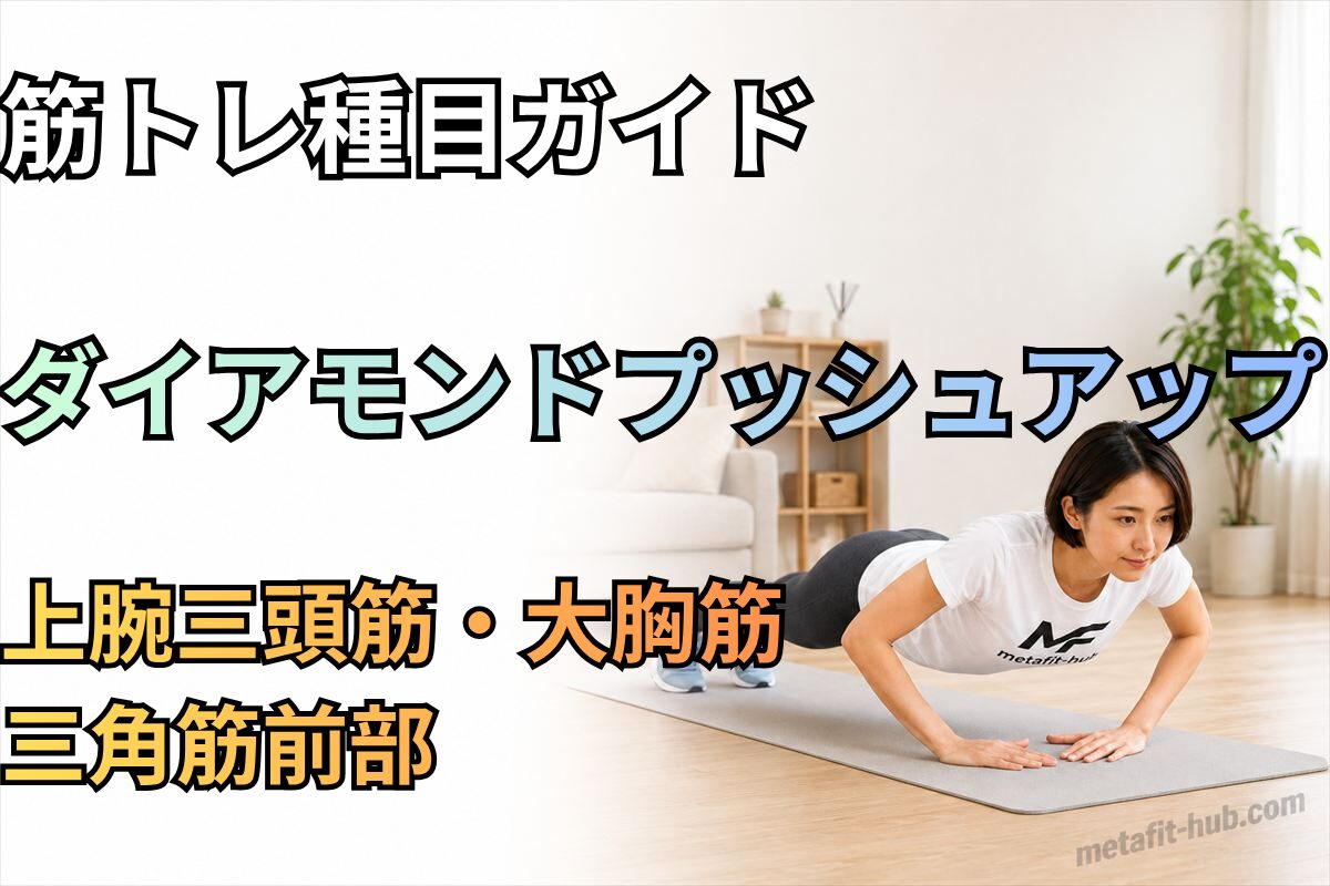 自宅でダイアモンドプッシュアップを行う女性を使った筋トレ種目ガイドのアイキャッチ画像