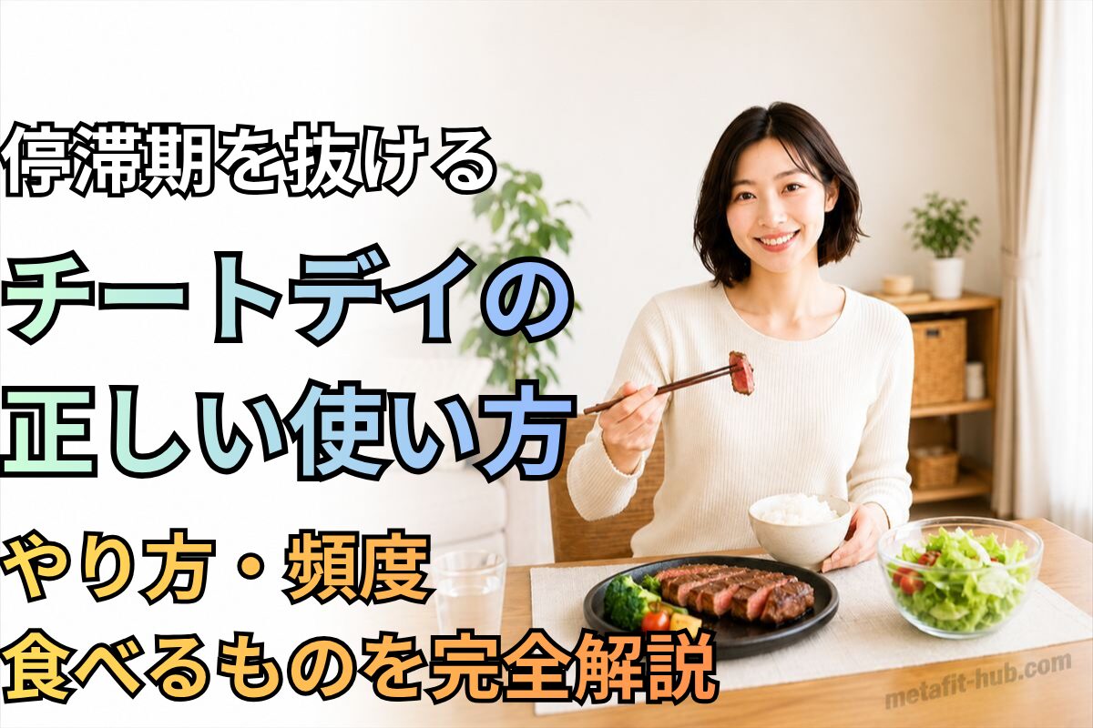 女性が自宅でステーキや白米、サラダを食べながらチートデイの正しい使い方を紹介するアイキャッチ画像