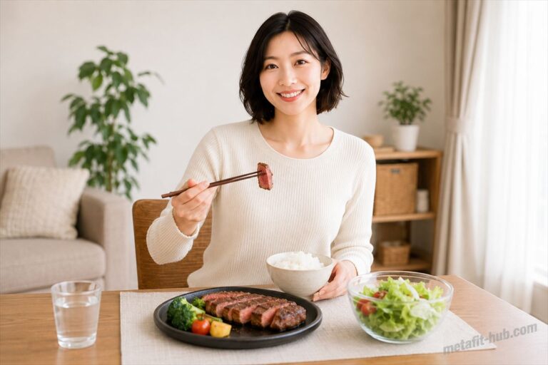 チートデイに肉と白米を食べる女性